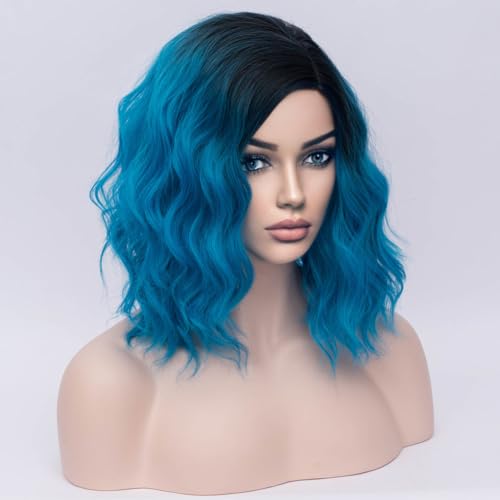 Image of BERON Blue Ombre Wig for Women Girls Black Ombre Blue Short Curly Bob Wavy Wig Dark Roots Color Heat Resistant Synthetic Body Cosplay or Daily Use