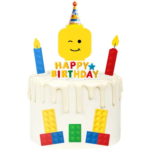 Building Blocks Cake Topper Color Construction Bricks Cake Decorations Set Candle Idea Building Bricks Happy Birthday Cake Toppers Bulid Party Supplies Theme for Boys Girls Kids Baby