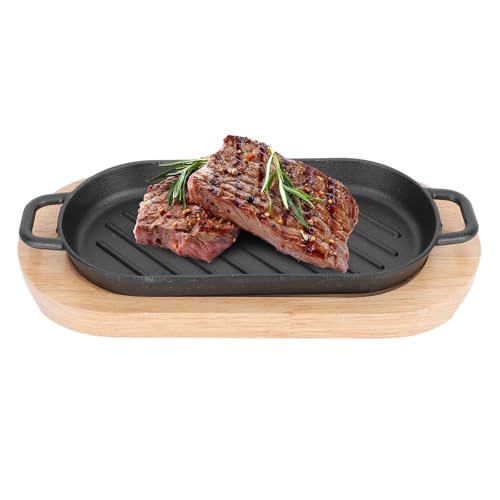 Plato de Hierro Fundido Rectangular SHINEOFI con Bandeja de Madera para Bistec 2