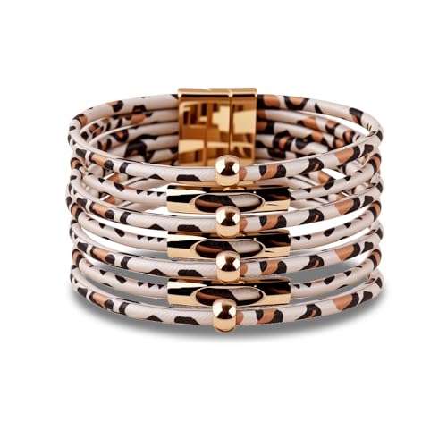 Womens Bangle Bracelets Boho Cuff Bangle for Women Vintage Leather Braided Bracelet Leopard Print Accessories for Women Boho Vintage Bangles Leopard Beaded Bracelet Stackable Adjustable Bracelets