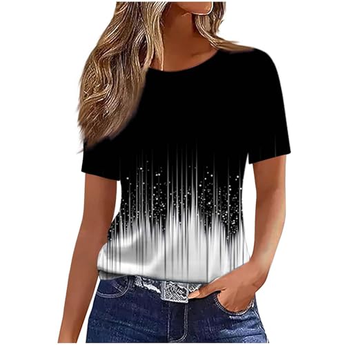 Womens Crewneck Short Sleeve T Shirts Dressy Summer Tee Shirt Floral Print Casual Tees Cute Loose Fit Fashion Outfits Black
