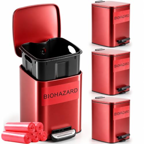 Geiserailie 4 Set 1.6 Gallon Metal Biohazard Trash Can, Foot-Operated Lid