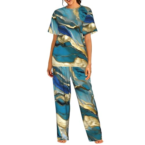 Pyjama femme bleu sarcelle ensemble de nuit short et chemise motif marbre
