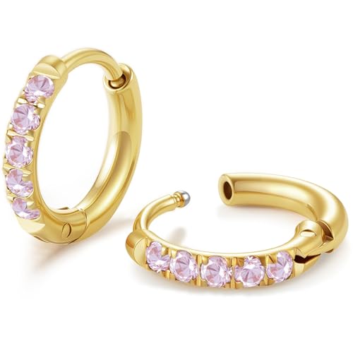 Image of Hypoallergenic Unisex Surgical Steel Small Cubic Zirconia Huggie Hoop Earring, Color Gold - Silver - Rose Gold - Black - Rainbow, Size 6mm- 12mm Safe for Sensitive Ear