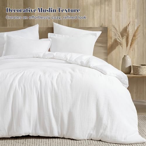 Image of PHF Cotton Muslin Comforter Set Queen - 100% Cotton Cover, Ultra Soft & Breathable, 3PCS Lightweight All-Season Bedding with Polyester Fill, 1 Comforter 90 inchx90 inch & 2 Pillow Shams 20 inchx26 inch, White