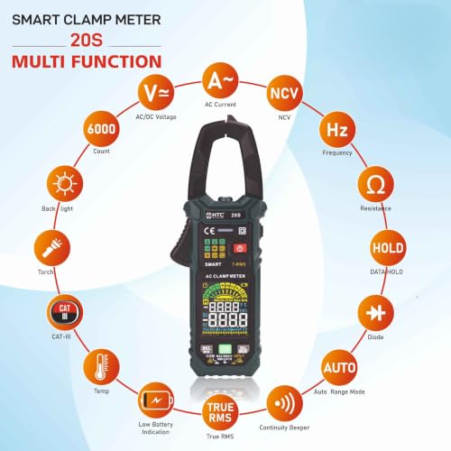 Image of HTC Instrument 20S 600A AC Smart Clamp Meter (T-RMS) with Frequency, Temperature, Capacitance, AC /DC Voltage and built in Flashlight Smart Clampmeter 6000 Counts