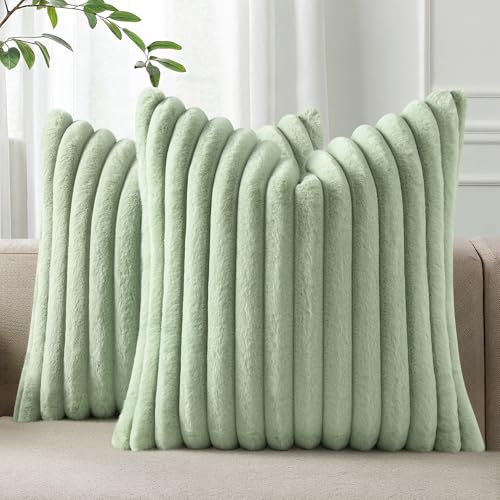 Pallene Faux Fur Plush Throw Pillow Covers 24x24 Set of 2, Luxury Soft Fluffy Striped Decorative Pillow Covers for Sofa, Couch, Living Room, Sage Green