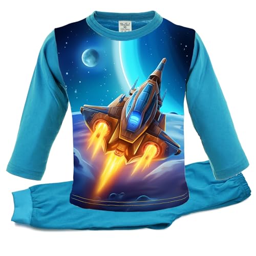 Schlafanzug Junge Langarm | 100% Baumwolle | Pyjama Junge | Nachtwäsche | Pyjama Set | Schlafanzug Lang | Blau | Zweiteiliger Schlafanzug (128,...