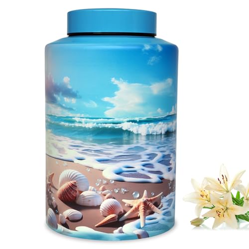 Image of Large Cremation Urn for Adult Female Male Ashes, Decorative Funeral Blue Keepsake Memorial Urns for Human Women Man Dad Mom Remains with Velvet Bag(Ocean Heaven)