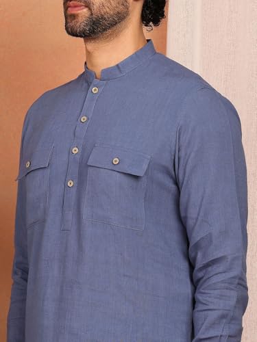 Image of See Designs Men's Full Sleeve Mandarin Collar Linen Solid Pathani Set