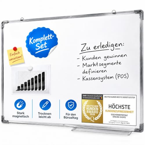 GOODS+GADGETS® Whiteboard magnetisch 60x90cm mit Alu-Rahmen & Ablage | Rückstandslos abwischbar, robuster Aluminiumrahmen gegen Dellen, magnetisches Whiteboard 90x60 mit sicherer Stiftablage