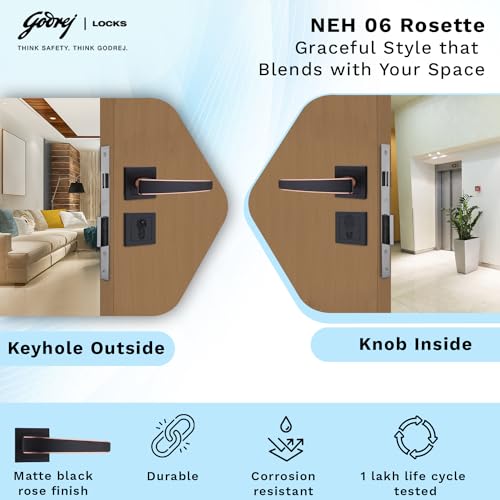 Image of Godrej Mortise Lock | Handle Lock Set for Main & Internal Doors | NEH 06 Home Decor Handle | Matte Black Rose Finish | 9 Inch Lockbody | 70mm 1CK Cylinder Knob from Inside Key Outside | 3 Keys