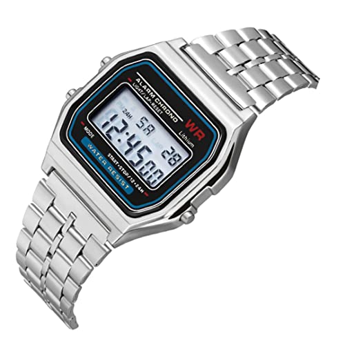 Reloj digital unisex, reloj de pulsera digital F91W con correa de acero Negocio ajustable Reloj electrónico, Plata