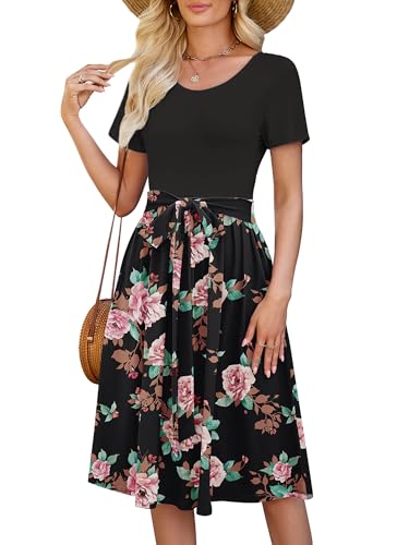 Image of Heymoments Women's Casual Short Sleeve Midi Dress Crewneck A Line Tiered Flowy Loose Travel Long Dresses with Pockets
