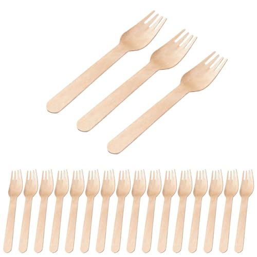 Dreamil Cubiertos desechables de madera, 100 tenedores desechables compostables, de madera, cubiertos desechables para tartas, postres y fiestas, biodegradables (16 cm)