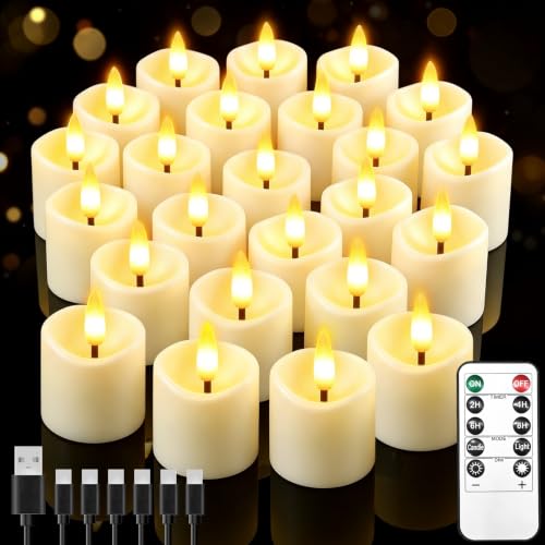Image of 24 Pack Small Rechargeable Flameless Candles with Remote Timer | 1.5 inchx2 inch LED Tea Lights Votive Fake Candles Flickering Mini Candles Battery Operated for Halloween Wedding Party Home Decor