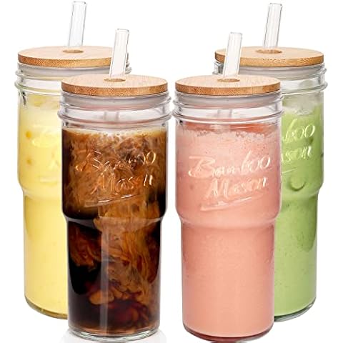 ANOTION Glass Cups with Lids and Straws 4 Packs, 24oz Travel Coffee Mug Bamboo Mason Jar Valentines Party Iced Coffee Cup Smoothie Cup Glass Tumbler Tea Cup Clear Cute Water Cups Drinking Jars Glasses Cover