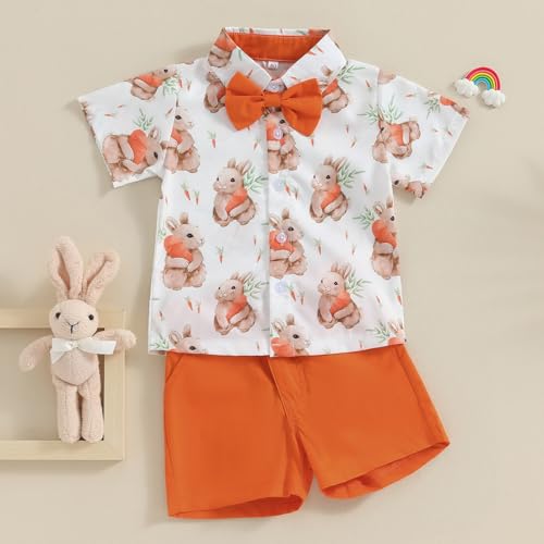 SAYOO Baby Boy Easter Outfit Bunny Short Sleeve Gentleman Button Down Shirts Solid Shorts Toddler Boys Party Bow Tie Suit (Orange, 3-4T) - Thumbnail 2