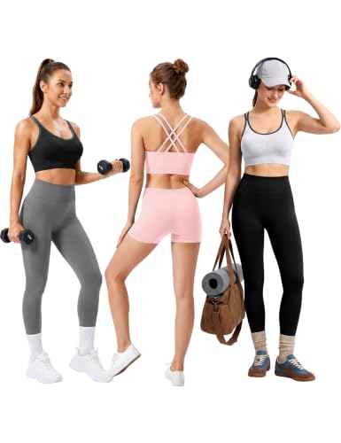 Image of VEQKING Strappy Cross Back Sports Bra for Women Removable Padded Yoga Bras | Multipack, Medium Support, Comfortable Seamless Wireless Design, Breathable Moisture-Wicking Fabric, Workout, Gym, Pilates