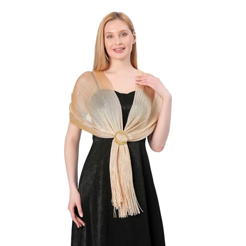Image of Stoles for Evening Dress with Buckle, Fringes - Polyester Blend, Shimmer Stole Wraps for Weddings, Party | Women's Clothing