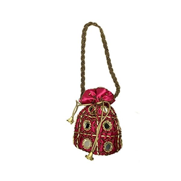 SHUBHANGI COLLECTIONS Women's Handmade Decorative Pure Silk Heavy Jaipuri Resham Potli Clutch Bag (Pink) - Image 3