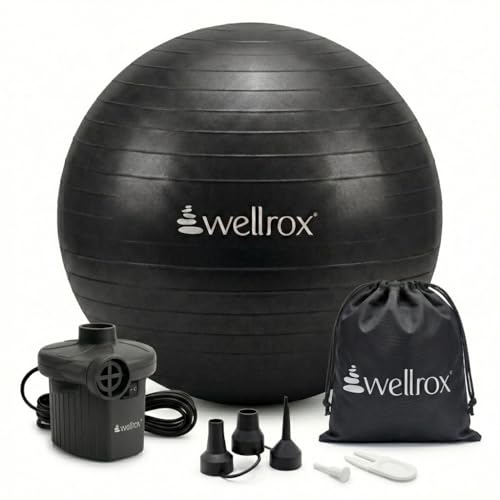 Wellrox Exercise Ball with Electric Pump - 55cm Anti-Burst Yoga Ball for Pregnancy Pilates Fitness & Physical Therapy Home Gym Balance Chair for Office Desk