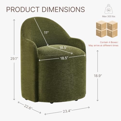 Image of KISLOT Upholstered Dining Chairs with Casters, No Assembly Modern Dining Room Chairs Accent Vanity Chair with 5 Wheels & Round Backrest for Bedroom, Living Room, Dressing, Green Fabric, Set of 4