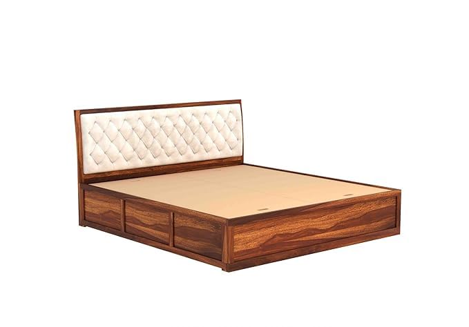 Image of DRIFTINGWOOD Dolvi Sheesham Wood King Size Bed with Box Storage and 2 Bed Side Table, Upholstered Headboard Bedroom Set with Drawers, King Size, Natural Finish (3 Piece Bundle)
