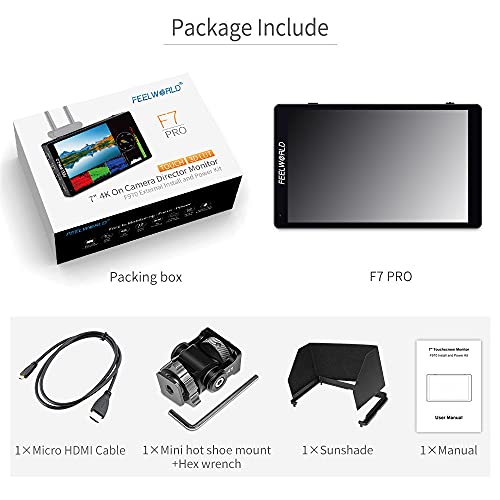 Feelworld F7 Pro 7 Inch Touch Screen Dslr Camera Field Monitor With 3D Lut Hdr Waveform F970 External Power Install Kit 1920X1200 4K 60Hz Hdmi Input Output 8.4V Dc Output 5V Type-C Input Mini Hot Shoe #TOP7
