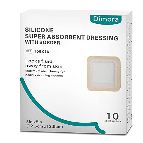Dimora Silicone Super Absorbent Dressing with Border, Adhesive Waterproof 5"x5"(12.5 cm*12.5 cm) Pack of 10 Ultra-Absorbent Pad for Exuding Wounds
