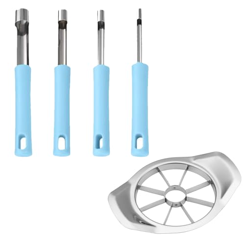 5 PCS Apple Corer Remover Set, Apple Corer and Fruit Divider with 4 Sizes (8/10/14/20mm), Stainless Steel Core Remover Tool for Kitchen, Baking, Camping, Quick Snack Prep