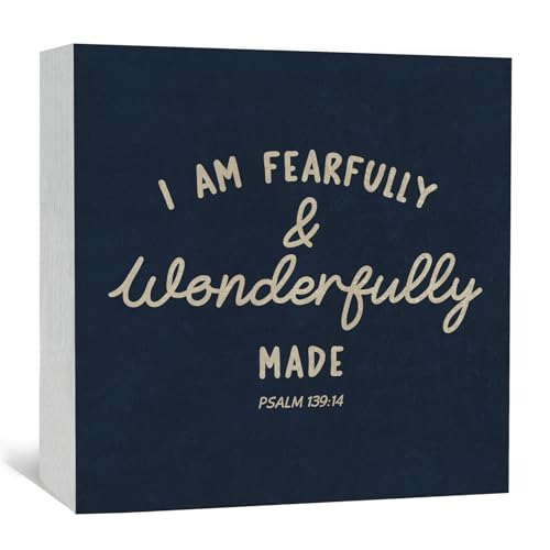 GWOKPAAI Christian Inspirational Wooden Box Signs Desk Decor, I Am Fearfully and Wonderfully Made Bible Verse Wooden Signs Desk Decorations for Kids Boy Nursery Room Bedroom Tabletop Shelf Wall, 5x5in