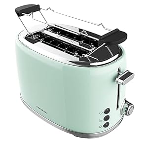 Cecotec Toast&Taste 1000 Retro Double Green Broodrooster, 2 sneden, 980 W, 2 brede sleuven van 3,8 cm en kort, roestvrij staal, bovenste staven, instelbaar vermogen, kruimellade