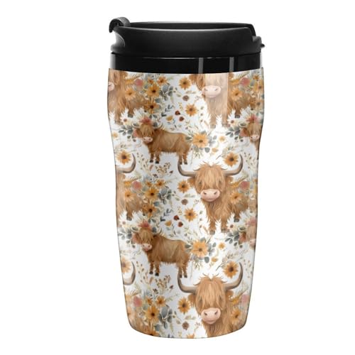 Highland Cow Print Coffee Mug Portable Travel Coffee Cup Water Bottle Tea Cup with Flip Lid for Women Men 250ml
