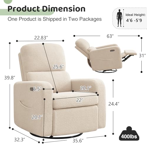 Image of Power Swivel Rocker Recliner, Oversized Electric Boucle Recliner Chair, Swivel Glider Nursery Reclienr with Removable Cushion, Upholstered Recling Chair for Living Room Bedroom, Teddy Apricot