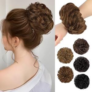 HMD 100% Human Hair Bun Messy Bun Extensions Human Hair Messy Rose Bun Hair Piece Curly Hair Bun with Elastic Band Hair Bun Hair Extensions Tousled Updo Hairpieces for Women(Medium Brown)