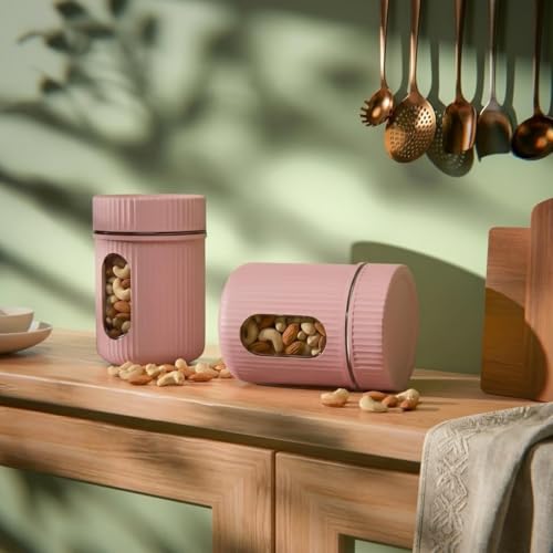 Image of Window Airtight Plastic Kitchen Storage Containers Set of 2 (500ml) | BPA-Free Food Grade Jars with Transparent Window View & Textured Grip | Dry Fruit, Spices, Pulses & Snacks (Multicolor)