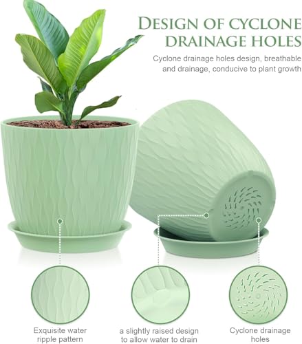 Image of StyleX Store Plastic Round Flower Pots with Drainage Hole Saucers | Durable Outdoor Indoor Wave Pattern Planters with Tray | Plant Containers for Garden, Office, Balcony and Home (Set of 5, Green)