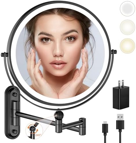 9 Wall Mounted Makeup Lighted Mirror. 4000mAh Rechargeable Double Sided LED Vanity Mirror with H...