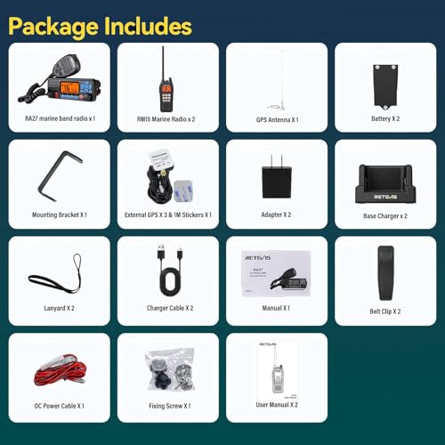 Image of Retevis RA27 GPS DSC Marine Radio VHF (1 Pack), RM15 IP68(2 Pack) & Antenna | Sailing Club & School, Charter Boats, Fishing, NOAA Weather Alert, 2-Way Noise Reduction, Floating Alarm, Antenna Included