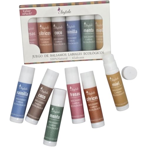 Juego de 6 bálsamos labiales orgánicos, 100% naturales, paquette de regaló, 6 sabores, coco, vanilla, miel, menta, fresas,cítricos