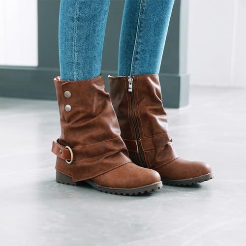 Wavyvigs Slouch Ankle Boots Fold Over Lug Sole Chunky Heel Booties with Bukle4