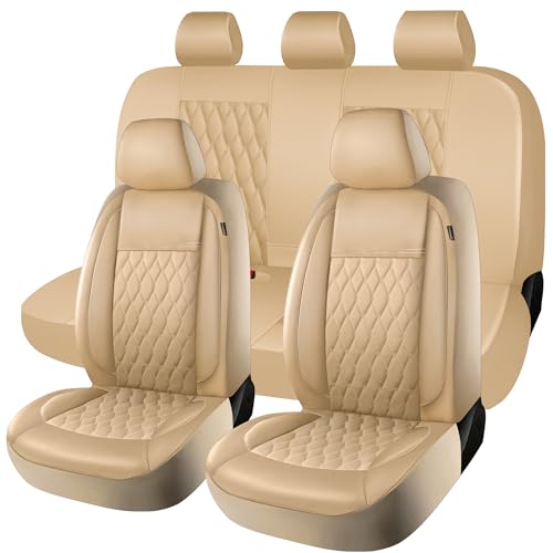 CAROMOP Faux Leather Car Seat Covers Full Set,Luxury and Comfortable Covers for Cars,Split Bench Compatible Car Interior Covers,Universal Fit for Suvs,Vans,Trucks,Airbag Compatible(5-Seat Beige)