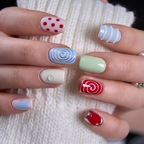 CurvLife Medium Square Press On Nails, Sugar Parade Colorful, Soft Gel