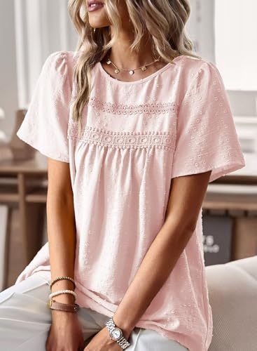 Image of Falechay Womens Summer Tops Crewneck Short Sleeve Shirts Casual Chiffon Blouses Flowy Lace Hem Boho Clothing Trendy 2026