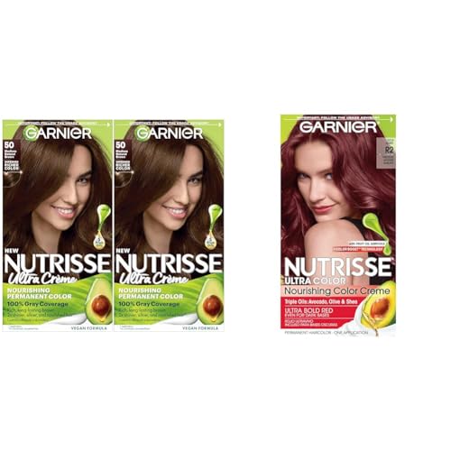 Garnier Hair Color Nutrisse Nourishing Creme, 50 Medium Natural Brown (Truffle) Permanent Hair Dye & Hair Color Nutrisse Ultra Color Nourishing Creme, R2 Medium Intense Auburn (Goji Berry)