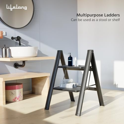 Image of Lifelong 2 Steps Steel Ladder for Home, Foldable & Portable Stairs, Versatile Use for Kitchen, Bathroom & Office Foot Stool - Multipurpose Two Step Stool with 150 Kg Capacity (LLSLS02, Black)