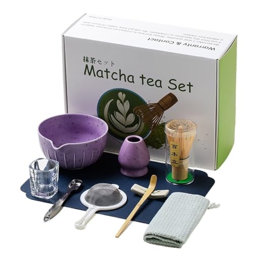 LZM-DIEWLEI Japanese Matcha Tea Set 10 Pcs Ceramic Matcha Bowl, Ceramic Whisk Holder, Matcha Whisk, Scoop, Sifter, Matcha Caddy, Tea Making Kit, Handmade Japanese Tea Ceremony Matcha Tea Kit(Purple)