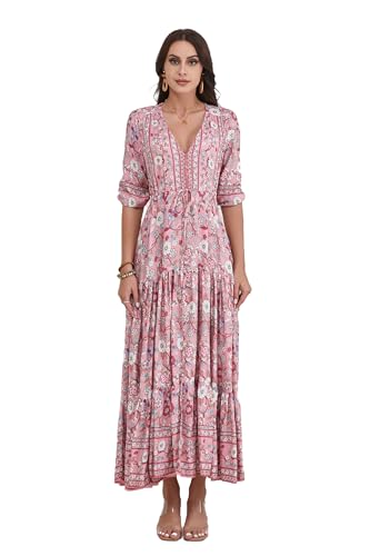 Image of Women Short Sleeve V Neck Floral Print Casual Bohemian Maxi Dresses