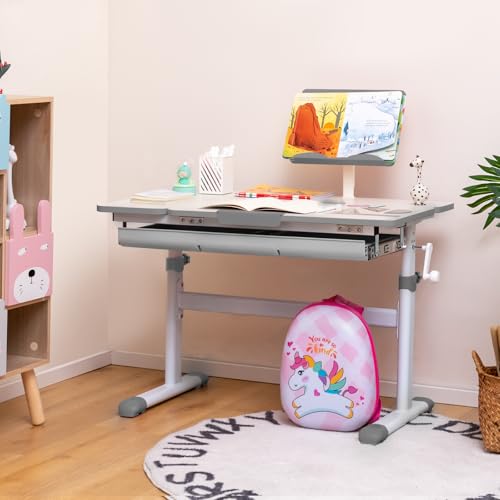 COSTWAY Escritorio Infantil Ajustable en Altura con Tablero Inclinable y Soporte para Libros, Cajón y Regla, Mesa Ergonómica para Niños para Escribir, Dibujar, Leer para Hogar Escuela(Mesa, Gris) - imagen 8